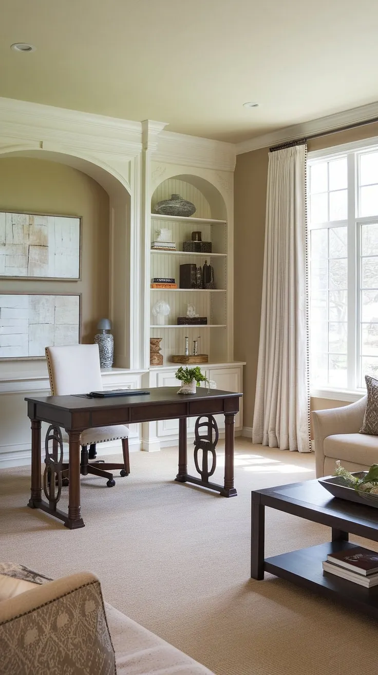This traditional home office seamlessly blends into a stylish dining room, creating the perfect home office dining room combo. The dedicated office space, complete with a dark wood desk and white chair, offers a quiet workspace, while the adjacent dining area provides a comfortable space for family meals or homeschooling.  The interior design office space is both functional and aesthetically pleasing.