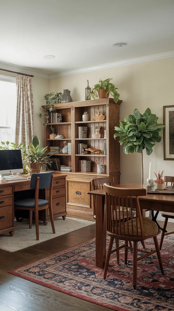 A stunning example of an office in dining room design. This dining room office combo boasts a traditional aesthetic with a touch of modern style, making it a versatile space perfect for work, meals, and even homeschooling.  The interior design office space is both practical and elegant.
