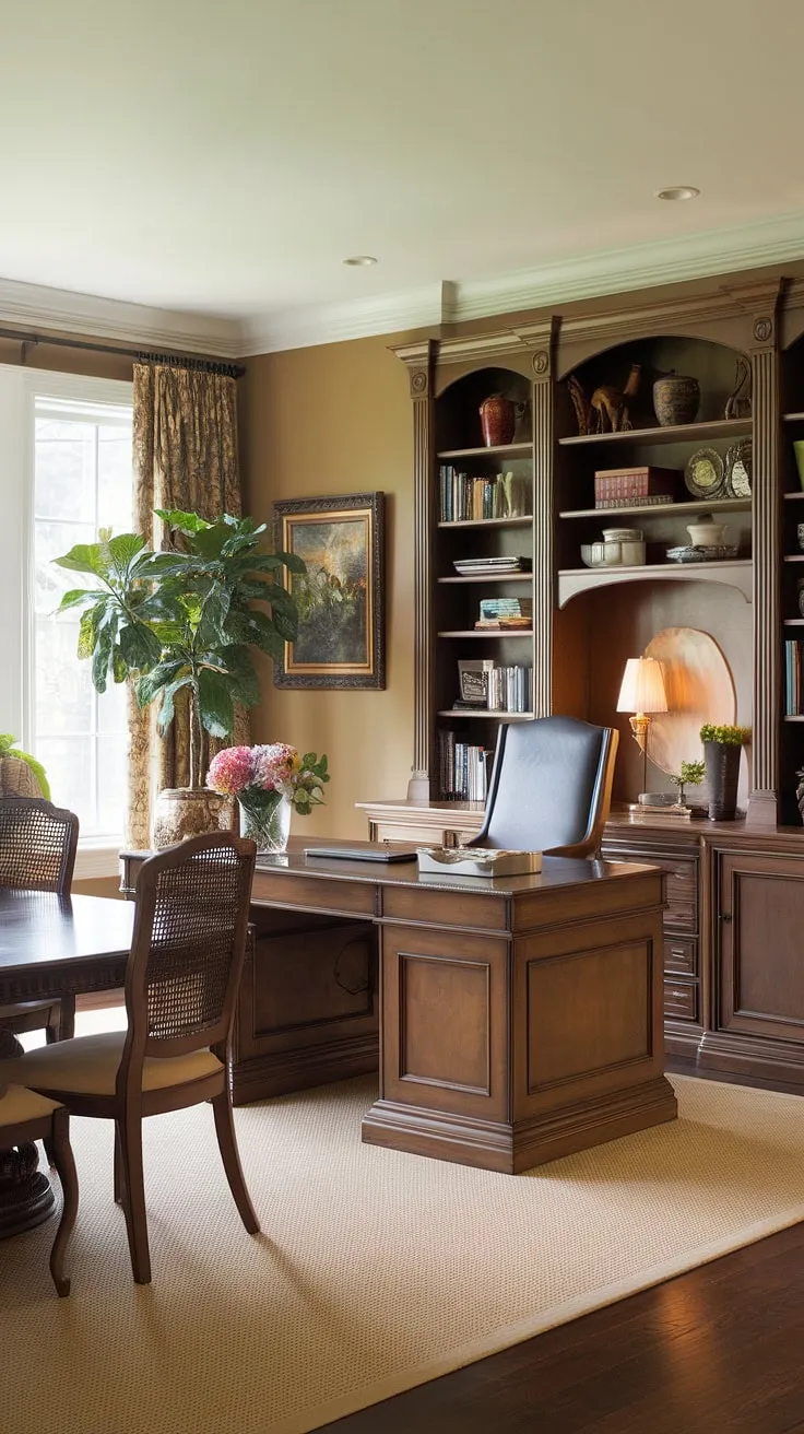Transforming a space into a productive and inviting haven: this dining room office combo showcases the beauty of a well-designed home office in dining room.  The traditional home office elements, including the wooden desk and comfortable chair, complement the stylish dining room setting, creating a versatile area ideal for work, meals, and even homeschool room activities.