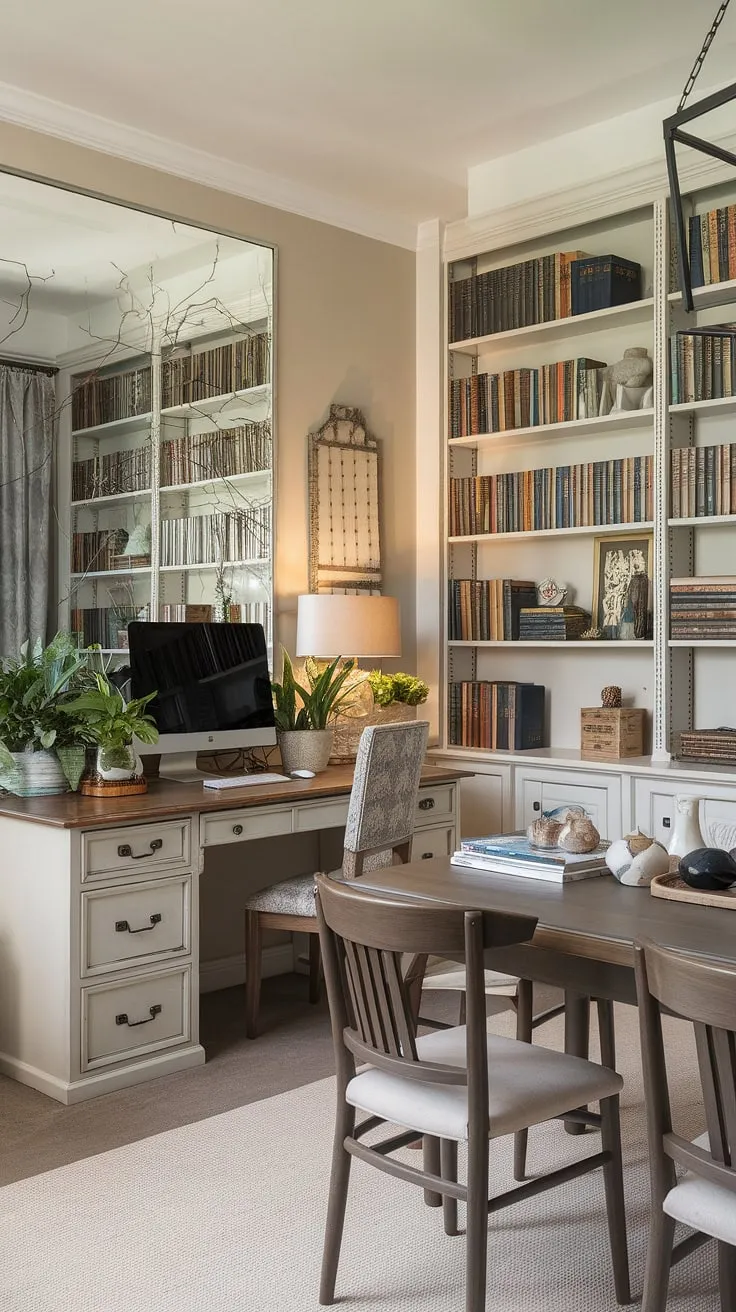 This traditional home office seamlessly blends into a stylish dining room, creating the perfect home office dining room combo.  The interior design office space is both functional and aesthetically pleasing, ideal for those working from home or utilizing it as a homeschool room.  The office in dining room setup maximizes space without sacrificing style.