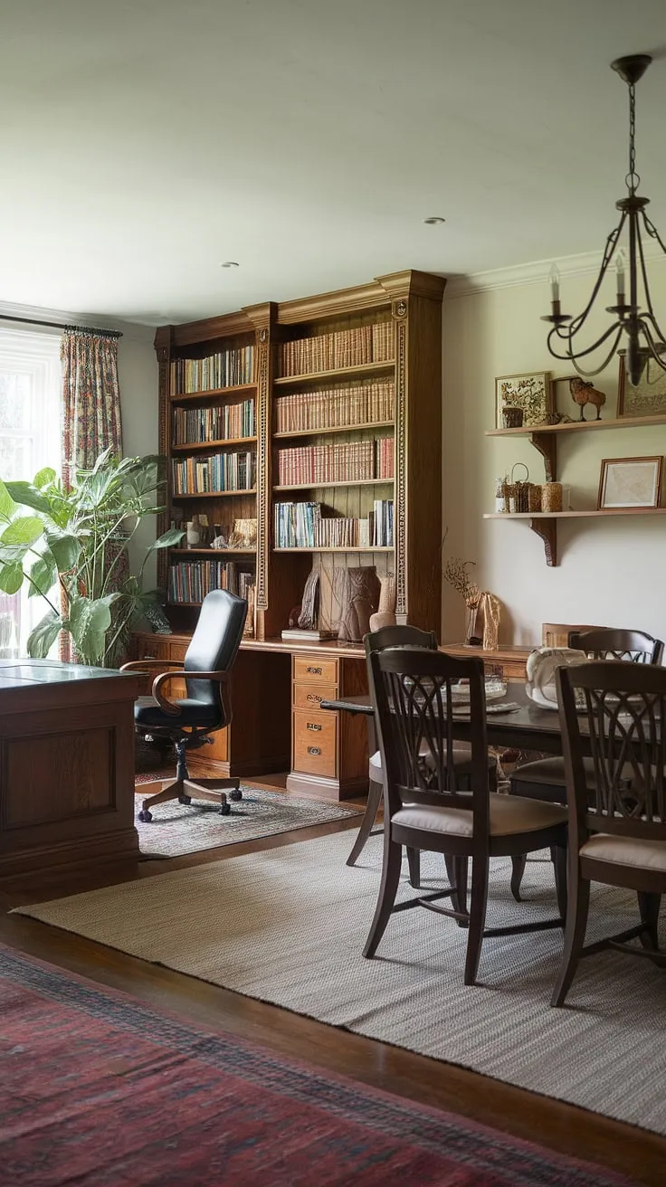 A charming office in dining room solution! This dining room office combo showcases how a traditional home office can be integrated into a stylish dining room without sacrificing either space's functionality.  The result is a versatile and beautiful homeschool room, a testament to clever interior design office space planning.