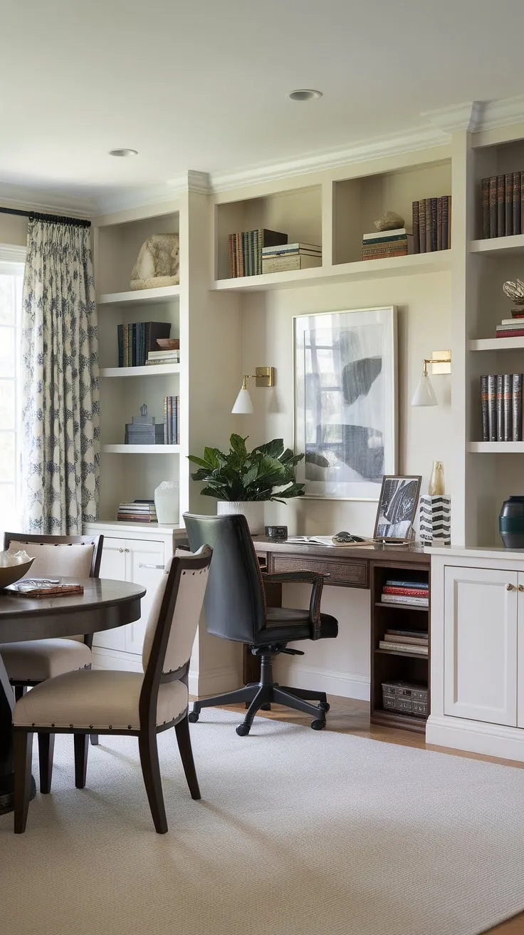 Transforming a space into a multi-functional haven: this dining room office combo showcases the beauty of a traditional home office integrated into everyday life.  The office in dining room design is both practical and aesthetically pleasing, ideal for those who work from home or need a dedicated homeschool room.  This interior design office space is a testament to efficient and stylish living.
