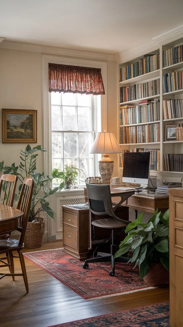 Transforming a dining room into a productive office space doesn't mean sacrificing style. This office in dining room showcases a beautiful blend of traditional home office elements with a stylish dining room aesthetic.  Ideal as a homeschool room or a quiet workspace, this interior design office space proves that functionality and beauty can coexist in a stunning dining room office combo.