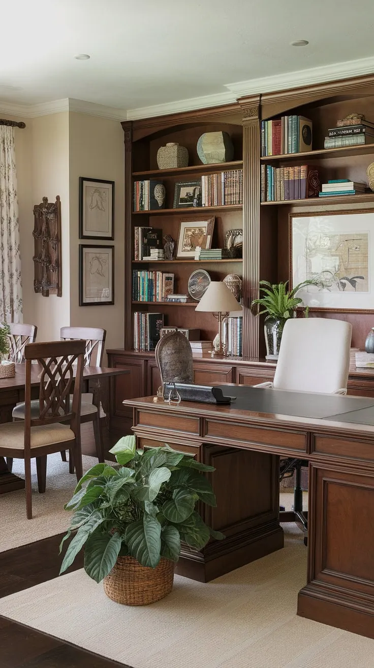 This traditional home office seamlessly blends into a stylish dining room, creating the perfect dining room office combo.  The interior design office space is both functional and inviting, ideal for homeschooling or simply working from home in a comfortable setting.  A perfect example of an office in dining room design.