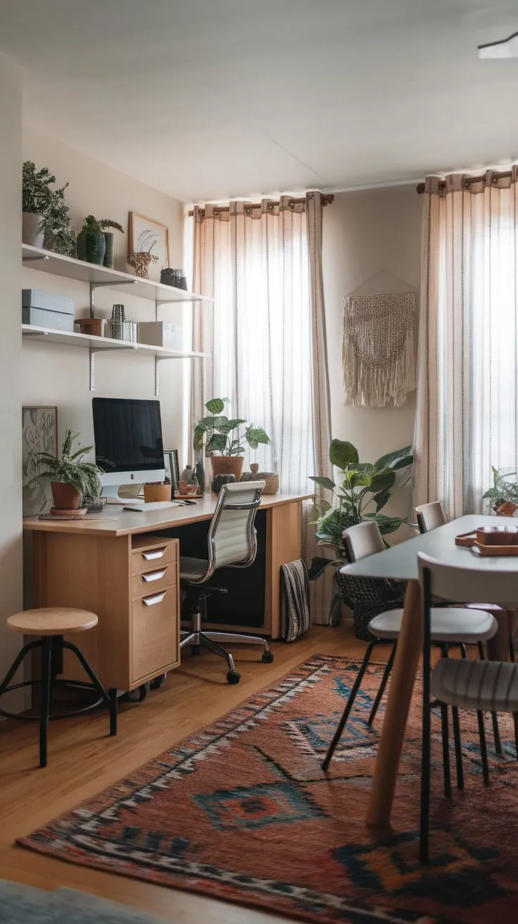 This modern home office seamlessly blends work and relaxation, transforming a living room into a productive haven. The minimalist design maximizes space, perfect for small home offices or even a guest room office, offering a flexible living room office combo or even a bedroom office combo solution.  This guest bedroom home office is a testament to efficient design.