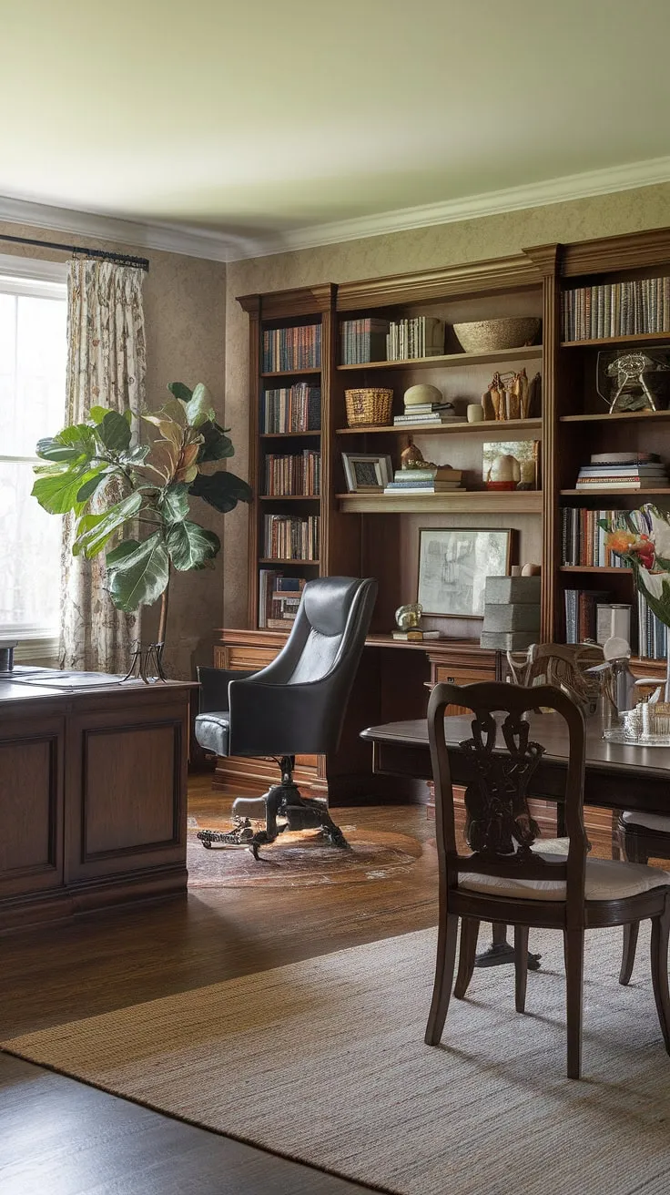 This traditional home office dining room combo seamlessly blends functionality and style.  The interior design office space, complete with a dedicated desk and bookshelf, effortlessly transitions into a stylish dining room, perfect for family meals or homeschooling.  A truly versatile space.
