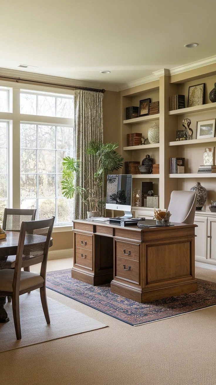 This minimalist home office tv room combo seamlessly blends work and relaxation.  The large window offers stunning city views, perfect for inspiring creativity or unwinding after a long day.  A perfect example of modern home offices, this space proves that even small home offices can be both functional and stylish, ideal as a guest bedroom office or even a living room office combo.