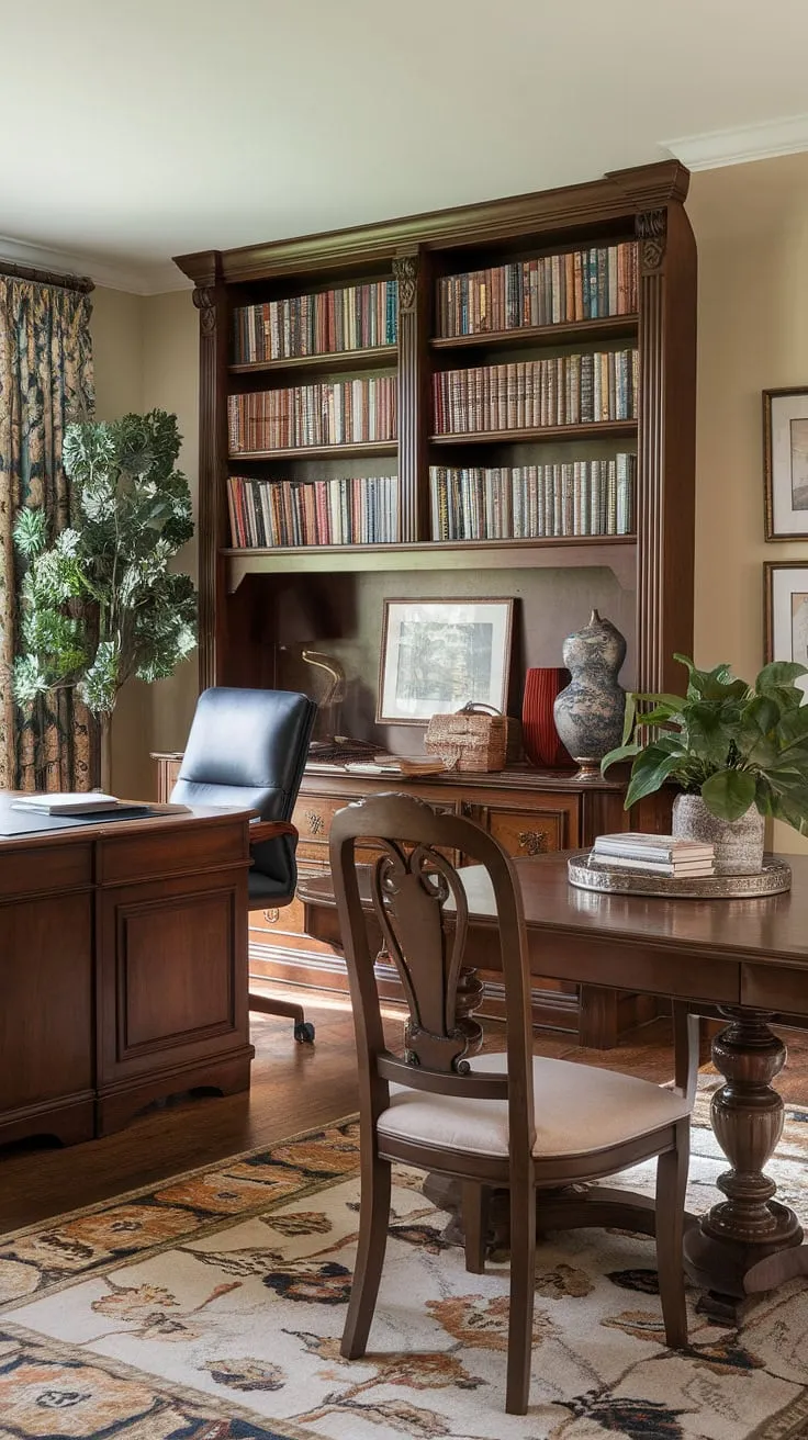 A charming dining room office combo showcases the beauty of a well-designed interior design office space.  This traditional home office, complete with a bookshelf and comfortable chair, sits comfortably within the stylish dining room, creating a functional and aesthetically pleasing homeschool room or home office in dining room solution.