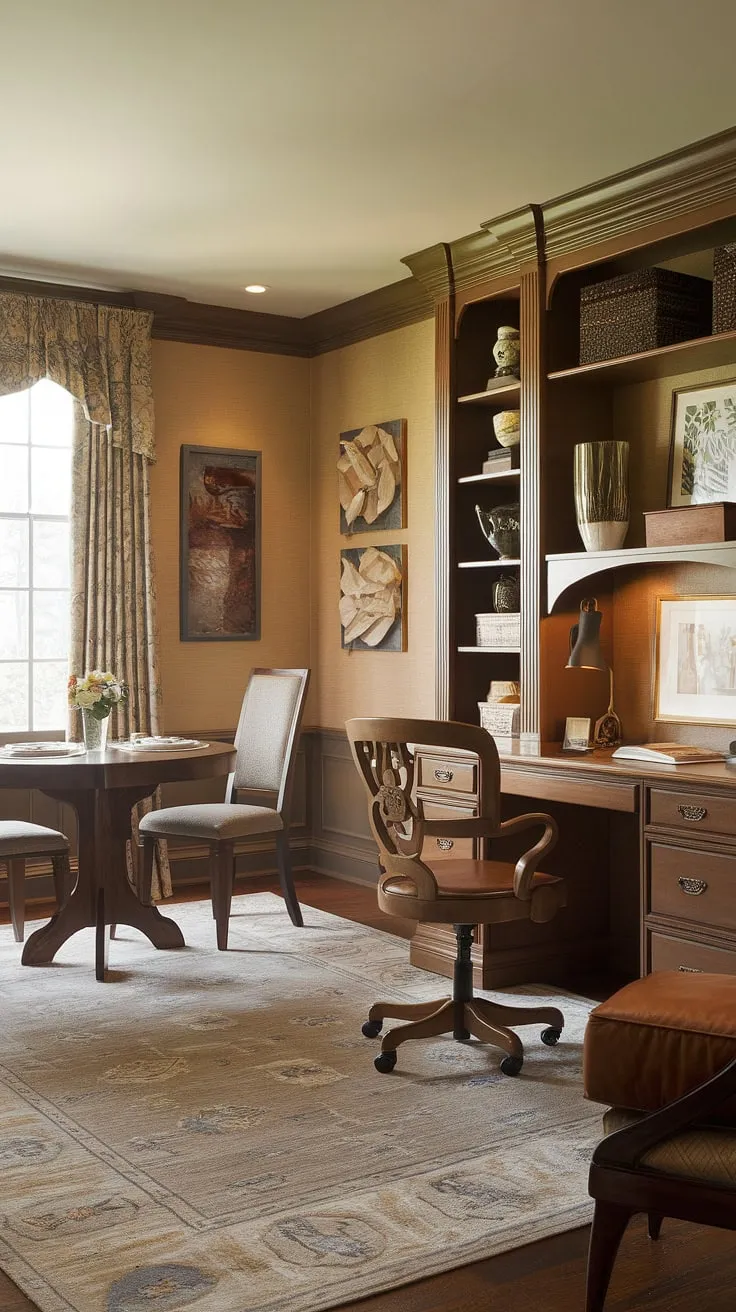 Transform your dining room into a versatile dining room office combo. This traditional home office showcases how to create a dedicated workspace within a stylish dining room, ideal for those working from home or needing a homeschool room. The result is a functional and beautiful interior design office space.