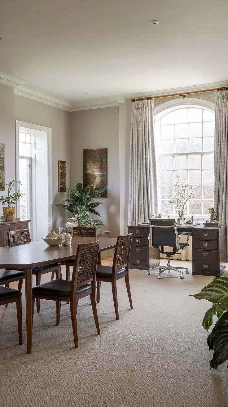 Seamlessly blending work and family life, this home office dining room combo offers a stylish and functional space. The traditional interior design office space, complete with a large dining table and a dedicated desk area, effortlessly accommodates both homeschooling needs and professional tasks.  This dining room office combo is the perfect example of efficient and elegant design.