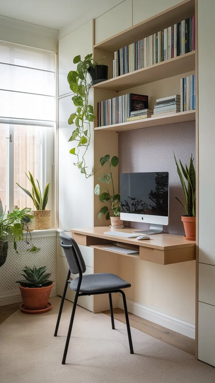 Maximize your space with this ingenious small space home office setup.  The hideaway computer desk, a brilliant example of wall desk ideas, cleverly conceals a unique workstation design when not in use, transforming your living room study table into a multi-functional haven. Compact office workstations don't have to compromise on style or functionality – this DIY home office for small spaces proves it.  A small space workstation solution that's both practical and aesthetically pleasing.