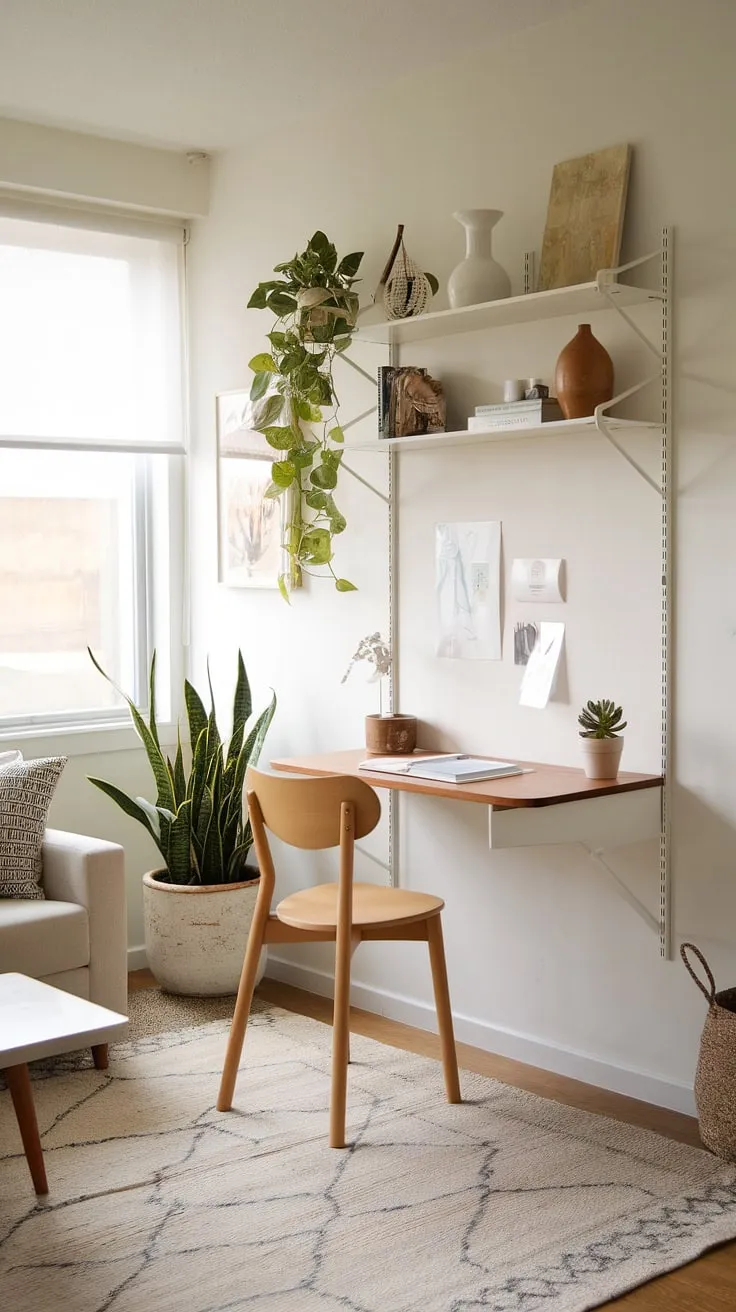 Maximize your space with this clever blend of living room study table and wall desk ideas.  This small space home office showcases compact office workstations, proving that a hideaway computer desk—perfect for a desk for hiding computer monitor—doesn't mean sacrificing style or functionality.  A unique workstation design, this setup is easily achievable with DIY home office small spaces solutions.