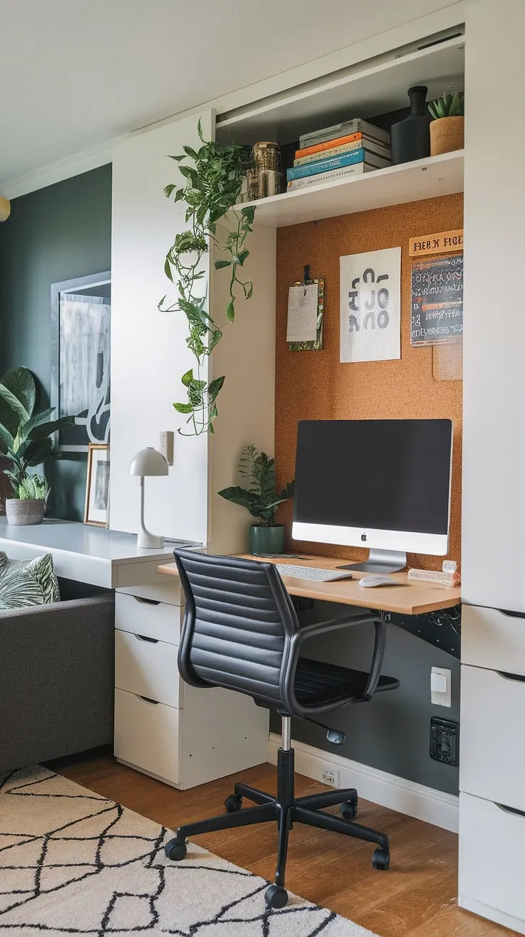 Maximize your space and style with this ingenious small space home office.  Compact office workstations like this living room study table and clever wall desk ideas, including a hideaway computer desk—a desk for hiding computer monitor—prove that a unique workstation design is achievable even in the smallest spaces. This DIY home office for small spaces is a testament to efficient and stylish living.