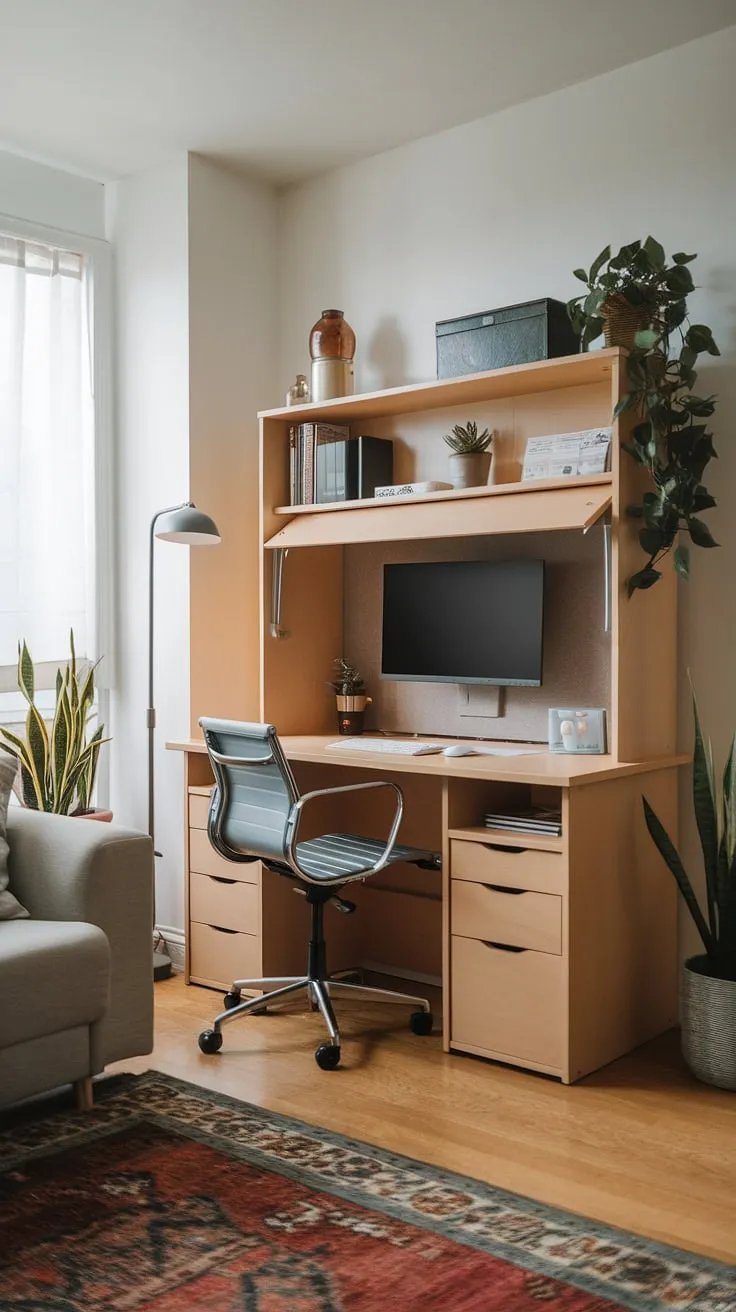 Transform your corner into a productive sanctuary with this stunning small space home office.  The compact office workstations design, complete with a desk for hiding computer monitor via a sliding panel, offers both functionality and aesthetic appeal.  This living room study table solution is a masterclass in wall desk ideas, perfect for those seeking a unique workstation design.  Achieve the ultimate hideaway computer desk and effortlessly blend work and relaxation in your small space workstation.