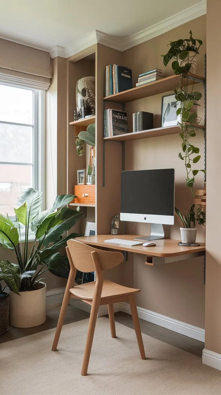 This unique workstation design proves that a productive small space home office is entirely possible.  The living room study table cleverly incorporates a wall desk and hideaway computer desk, offering compact office workstations without sacrificing style.  Perfect for those seeking desk for hiding computer monitor solutions, this small space workstation is a testament to smart design and DIY home office small spaces ingenuity.