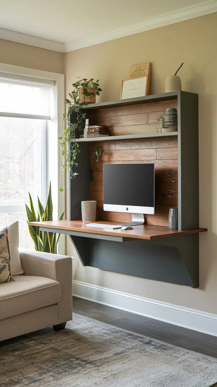 This wall desk is the ultimate solution for small space workstation needs.  The desk for hiding computer monitor is a brilliant example of compact office workstations, seamlessly blending into the living room.  With its clever design and built-in shelves, this unique workstation design is a testament to smart space planning and offers plenty of wall desk ideas for your own DIY home office small spaces.