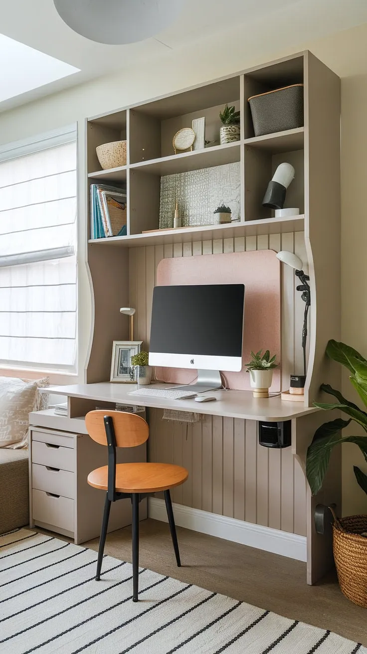 Transform your tiny apartment into a productive haven with this DIY home office for small spaces.  This unique workstation design boasts compact office workstations, a living room study table cleverly integrated with a wall desk featuring a hideaway computer desk and a desk for hiding computer monitor.  The result?  A stylish and efficient small space home office that proves big things come in small packages.
