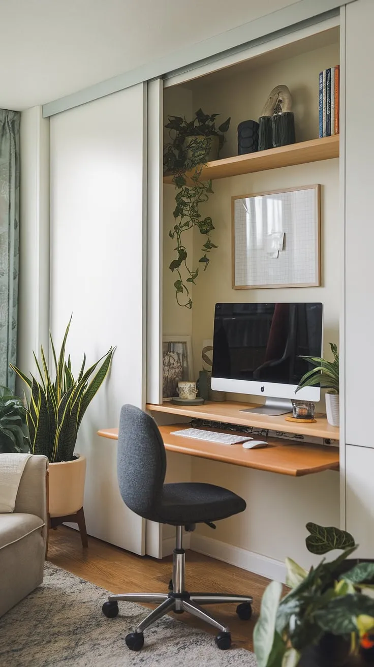 Maximize your space and style with this ingenious small space home office setup.  The compact office workstations, including a hideaway computer desk and a cleverly designed wall desk, seamlessly blend functionality with living room aesthetics.  This unique workstation design, perfect for small space workstation needs, offers a desk for hiding computer monitor when not in use, showcasing brilliant wall desk ideas and a living room study table solution.  DIY home office small spaces have never looked so chic.
