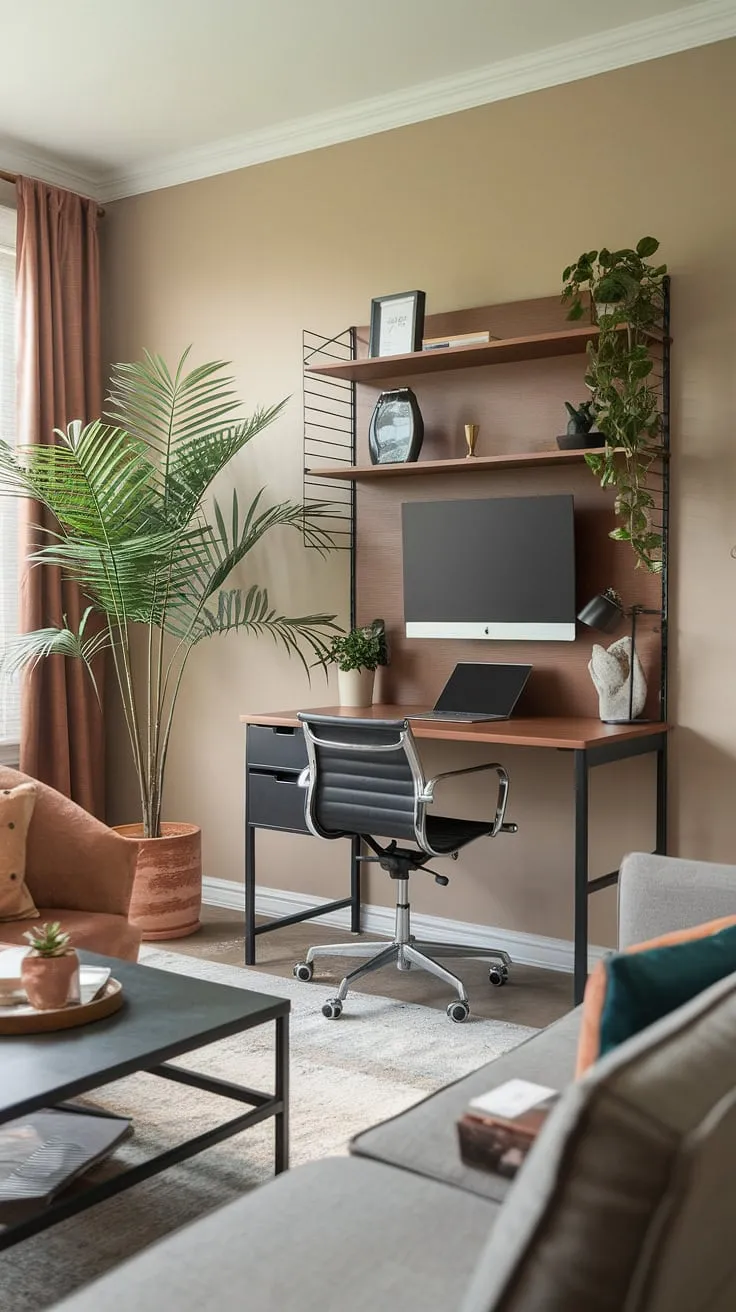 This small space workstation is the epitome of efficient design.  A compact office workstation tucked neatly into the corner, paired with a desk for hiding computer monitor, showcases smart wall desk ideas.  The result? A functional living room study table that doesn't compromise style, proving that a unique workstation design is achievable even in the smallest of spaces.  Perfect inspiration for your own DIY home office small spaces.