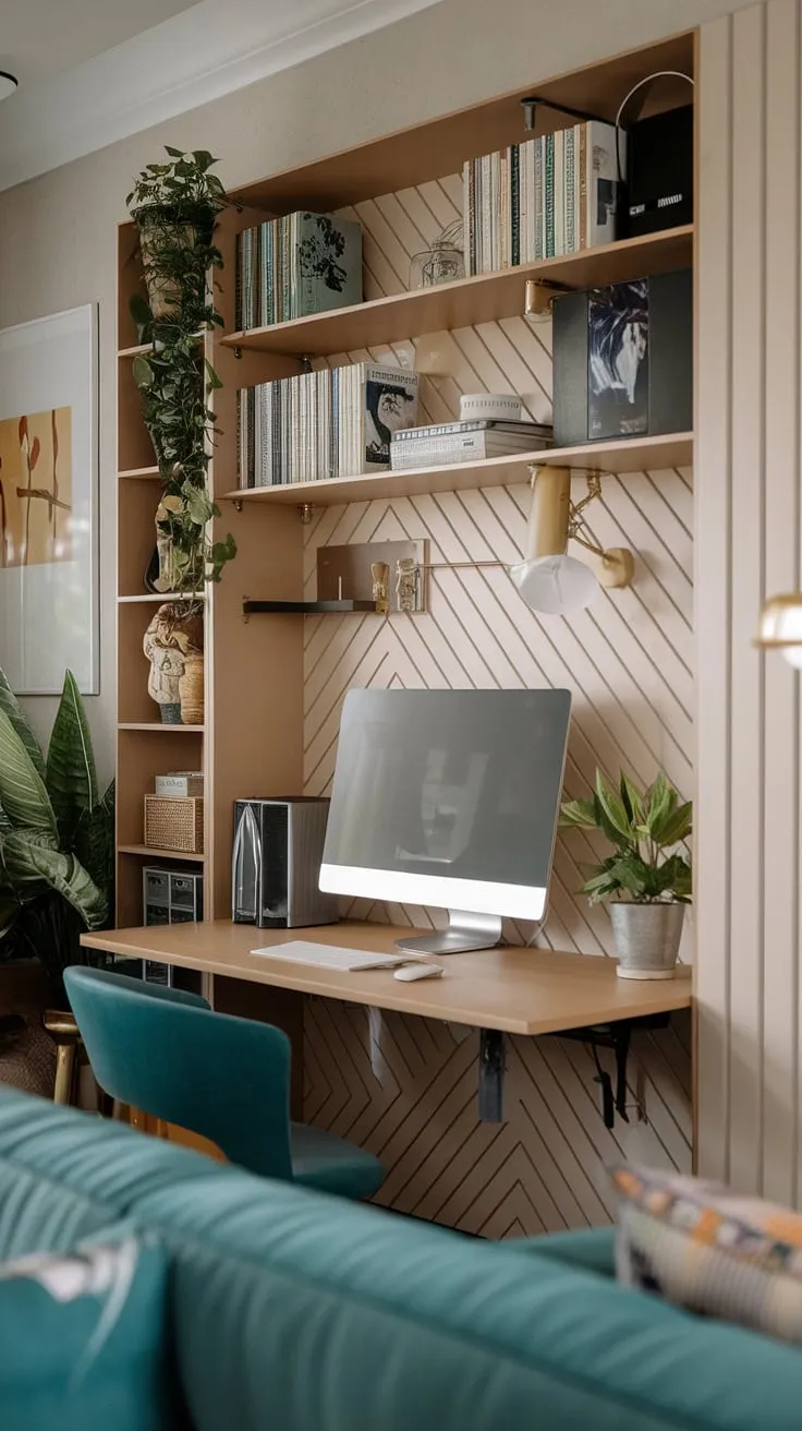 Maximize your space, not your stress! This small space home office boasts a unique workstation design, featuring a hideaway computer desk perfect for concealing your monitor when not in use.  The compact office workstations and living room study table create a cozy and efficient workspace, proving that even DIY home office small spaces can be stylish and functional.  Clever wall desk ideas make the most of every inch.