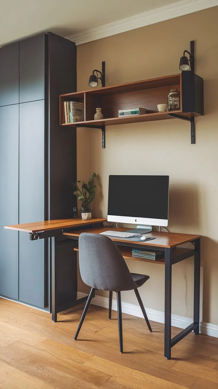Maximize your space with this ingenious small space home office setup.  The hideaway computer desk, a perfect example of wall desk ideas, boasts a unique workstation design and cleverly conceals the computer monitor, transforming into a living room study table when not in use.  Compact office workstations don't have to compromise style or functionality – this small space workstation proves it.  DIY home office small spaces are easier than you think!
