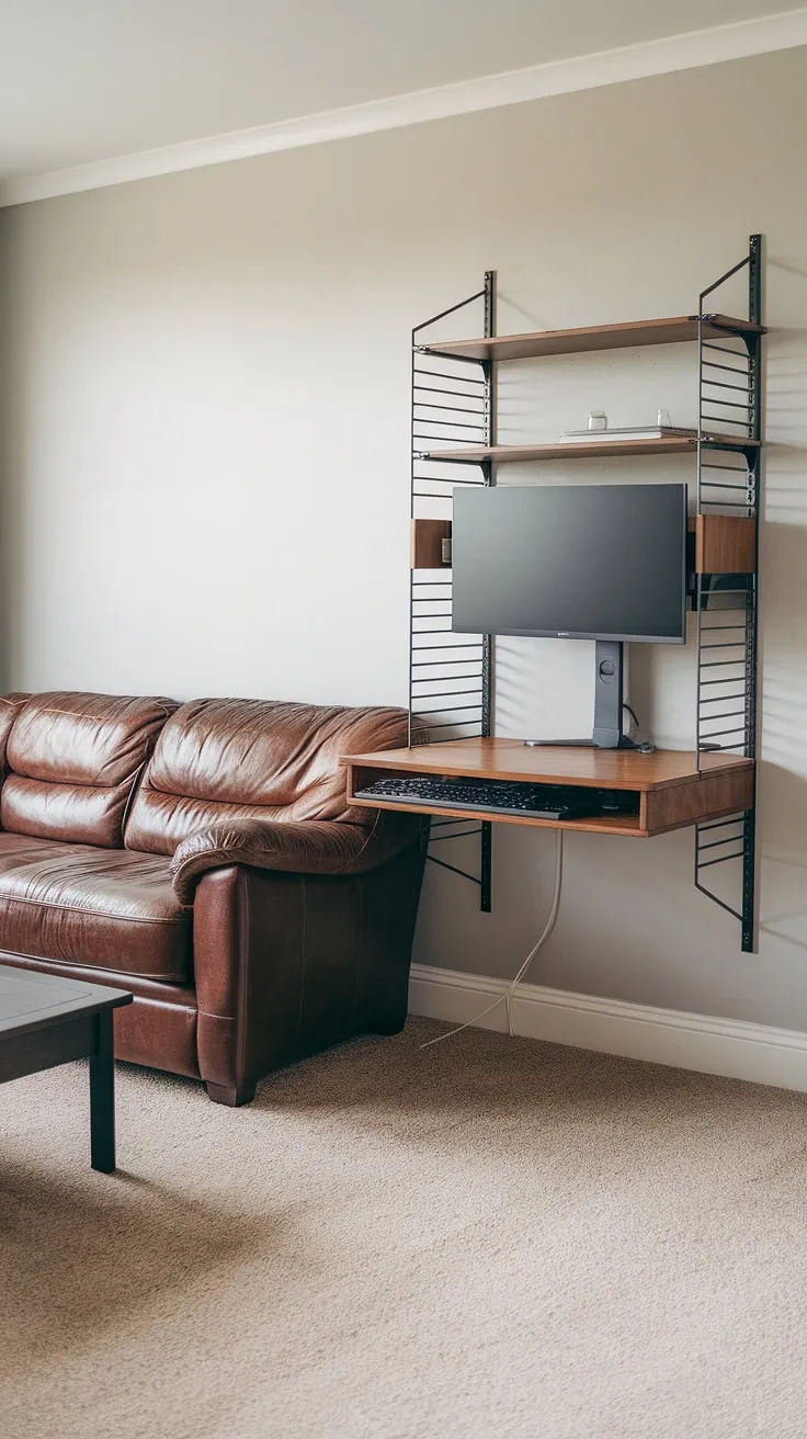 Maximize your small space with this ingenious hideaway computer desk!  This compact office workstation seamlessly blends into the living room, offering a living room study table that disappears when not in use.  Clever wall desk ideas like this are perfect for small space home offices, creating a unique workstation design without sacrificing style.  DIY home office small spaces are easier than you think!