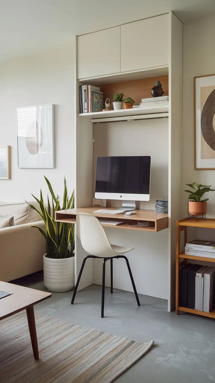 Transform your living room into a productive haven with this small space workstation. This unique workstation design boasts a compact office workstation featuring a desk for hiding computer monitor, cleverly concealed behind a sliding panel.  The wall desk ideas are perfect for small space home office solutions, maximizing functionality without compromising style.  This living room study table proves that even a hideaway computer desk can be both practical and aesthetically pleasing.  Consider this your inspiration for DIY home office small spaces.