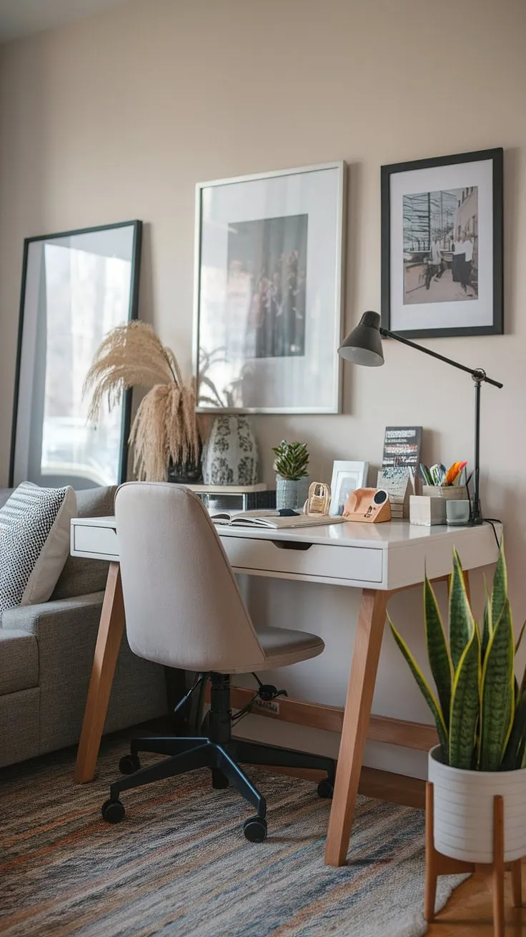 Transform your living room into a productive haven with this ingenious small space home office setup.  This compact office workstation, featuring a small space workstation and a desk for hiding computer monitor, is the epitome of efficient design. The living room study table showcases clever wall desk ideas, creating a unique workstation design that's both stylish and functional.  Perfect for those seeking DIY home office small spaces solutions.