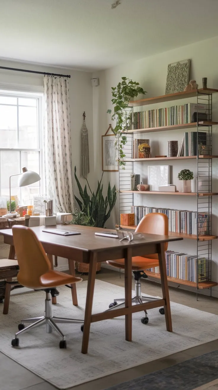 Two can comfortably work side-by-side in this well-designed home office featuring a shared desk, ample storage, and calming decor.