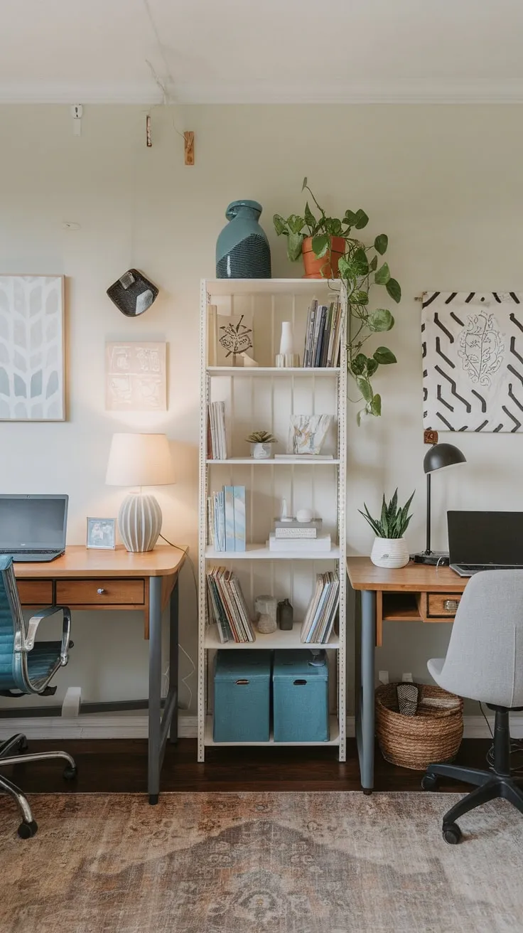 A light and airy shared home office boasts two individual workspaces separated by a bookshelf, each complete with a laptop and lamp, creating a productive yet stylish environment