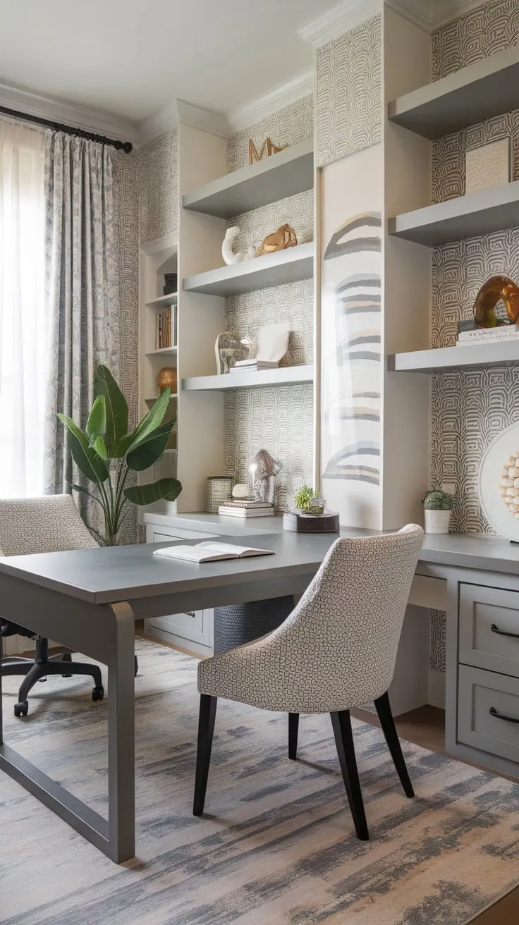 A shared workspace designed for two boasts a contemporary aesthetic with a grey desk, white shelves, and curated décor.