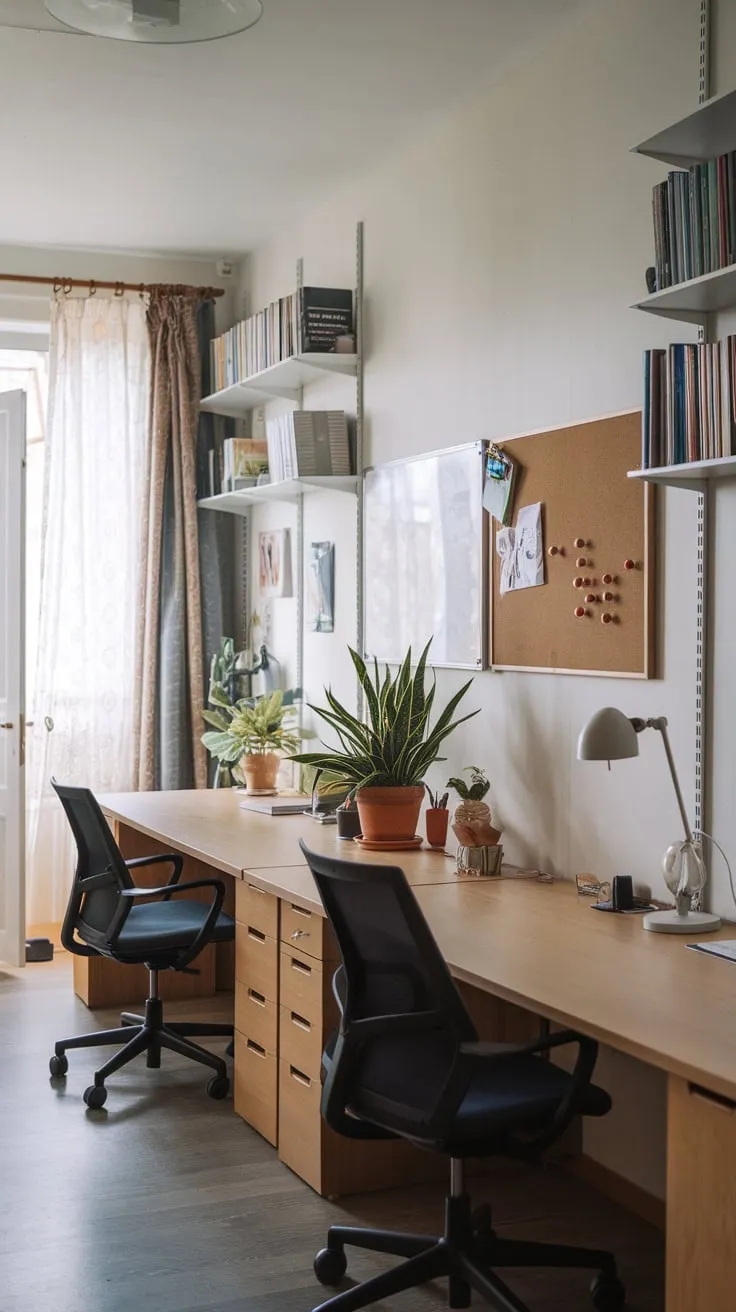 A shared home office boasts a long desk for two, complemented by organizational tools and a touch of nature.