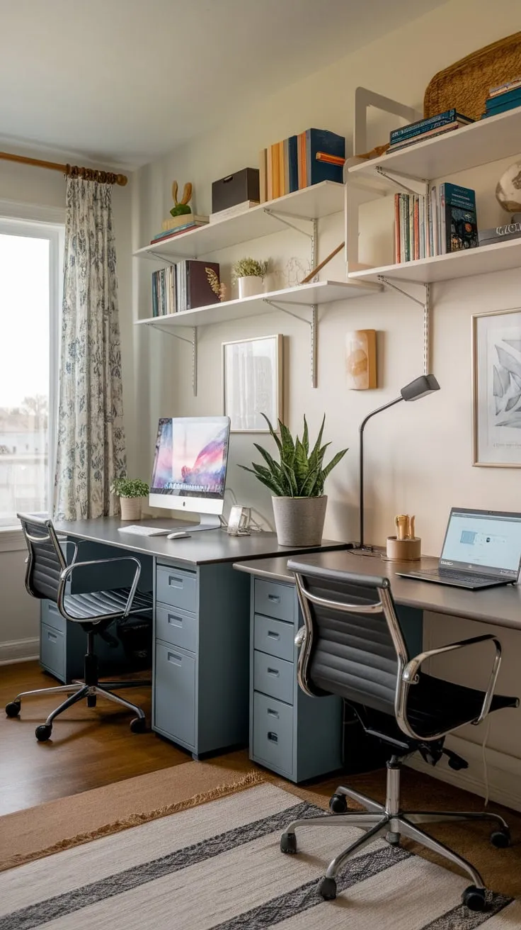 Two productive workspaces, thoughtfully designed with individual desks and personal accents, transform a shared home office into a comfortable and efficient haven.