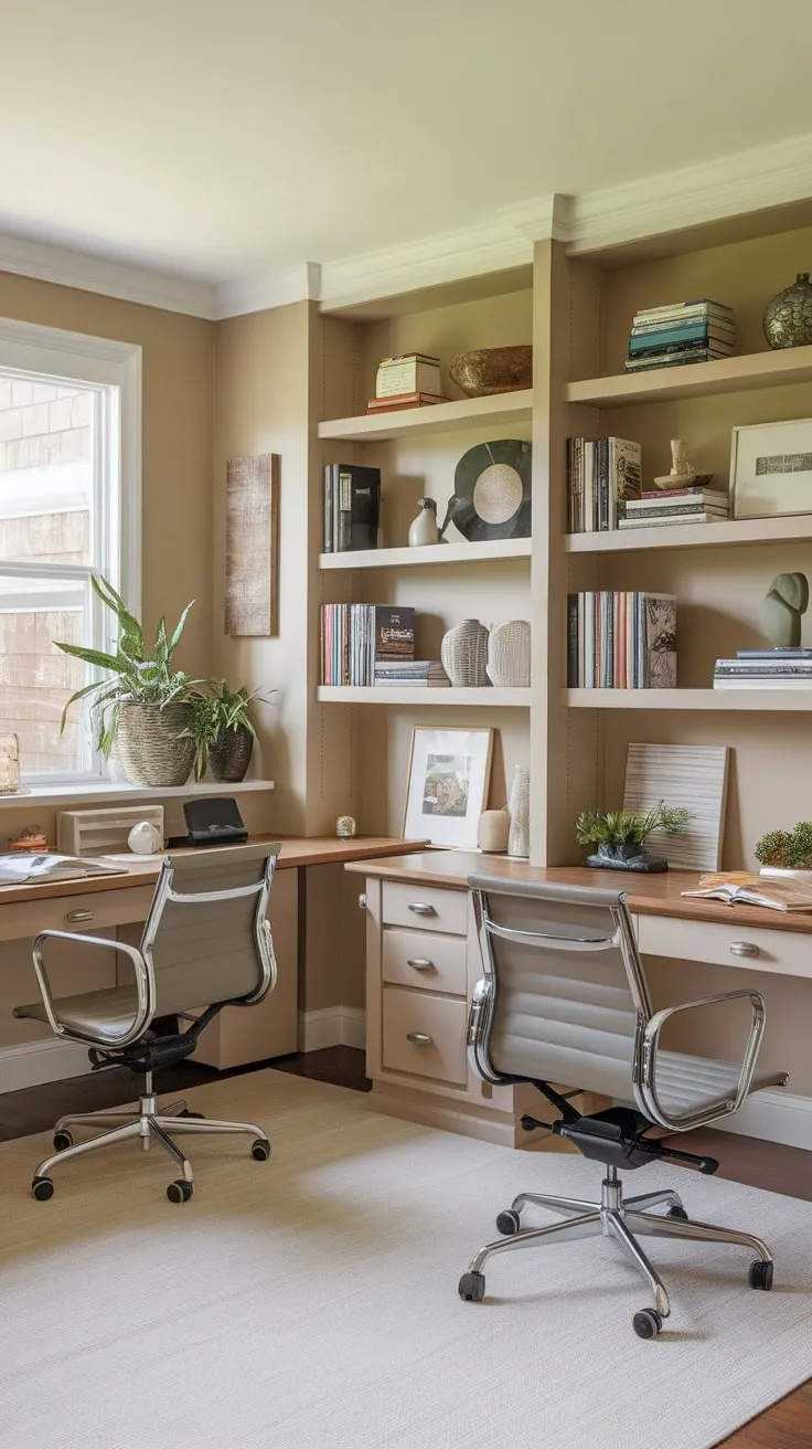 A serene beige home office, perfectly designed for two with individual workspaces, a shared bookshelf, and a touch of greenery.
