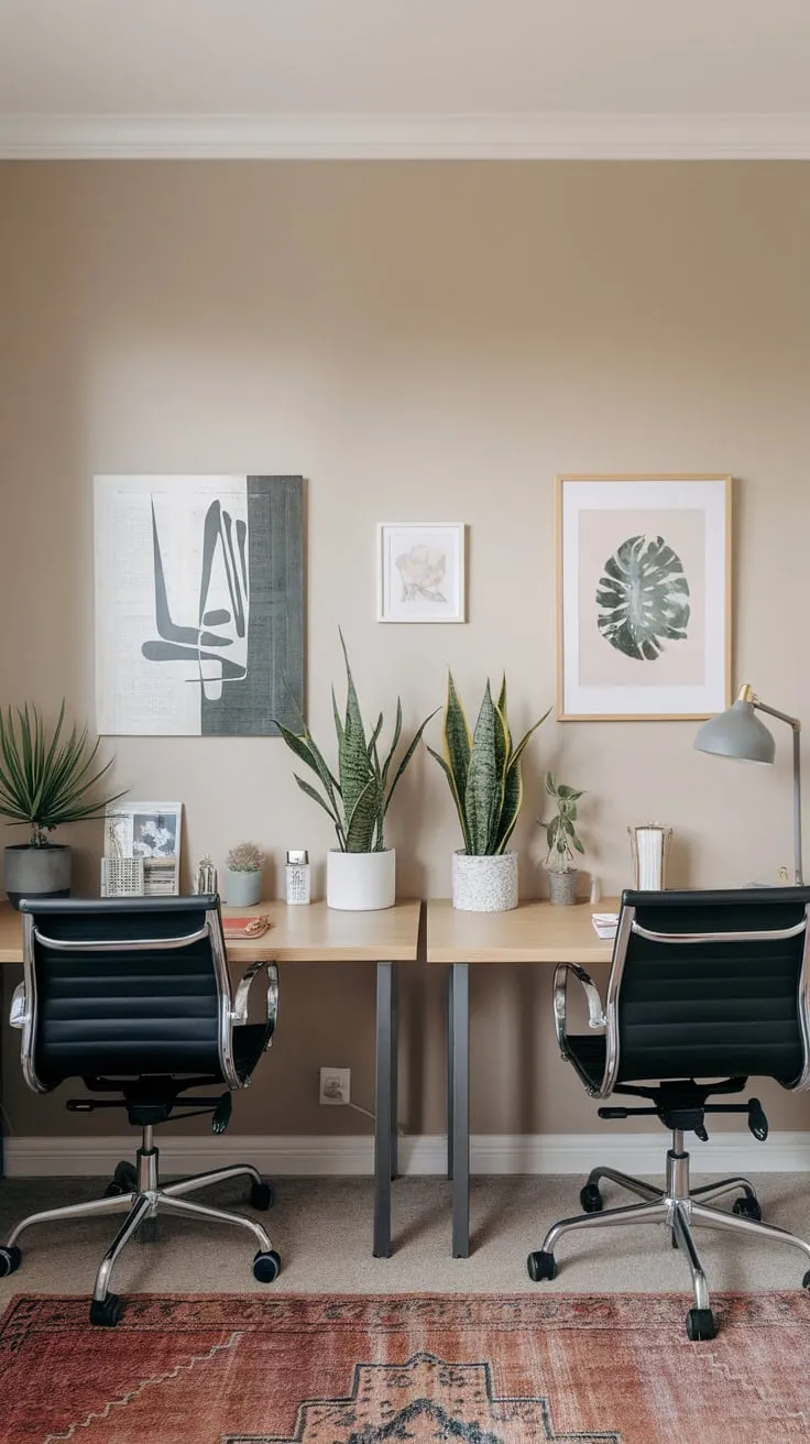 A beige-walled home office comfortably accommodates two individuals with back-to-back desks personalized with plants, lamps, and artwork