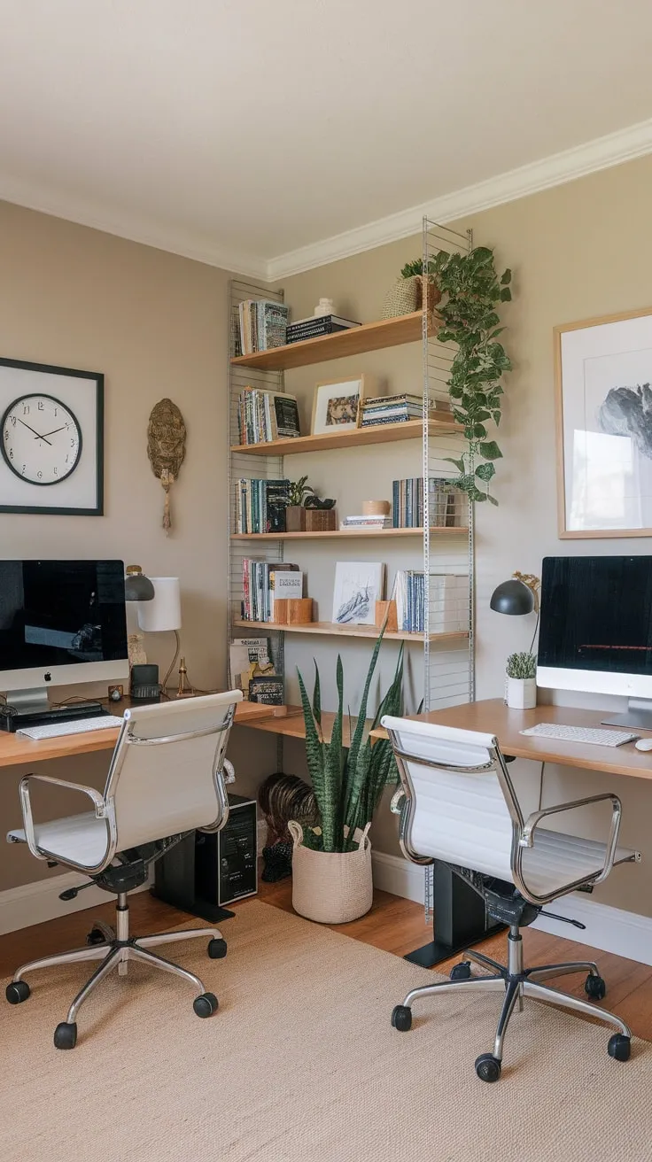 A beige-toned home office comfortably accommodates two, featuring individual workstations, bookshelves, and tasteful decor.