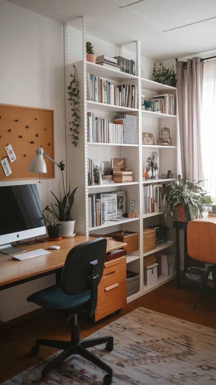 A shared home office boasts individual workspaces flanking a central chair, complemented by bookshelves, a corkboard, and a cozy rug.