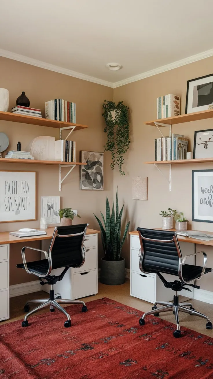 A beige-walled home office boasts two desks, a red rug, and shared shelving for a productive yet stylish workspace for two