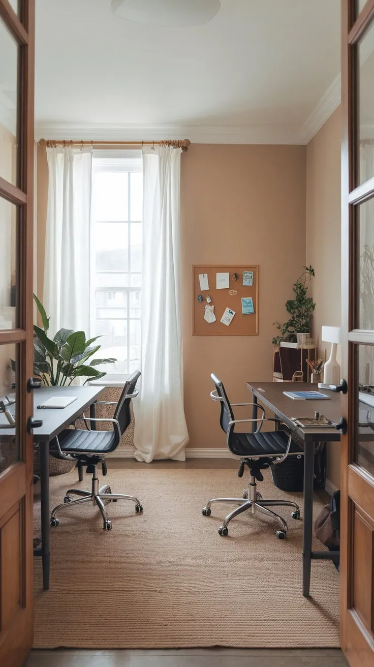 Two individuals can efficiently work side-by-side in this serene home office, complete with individual workspaces and collaborative features.