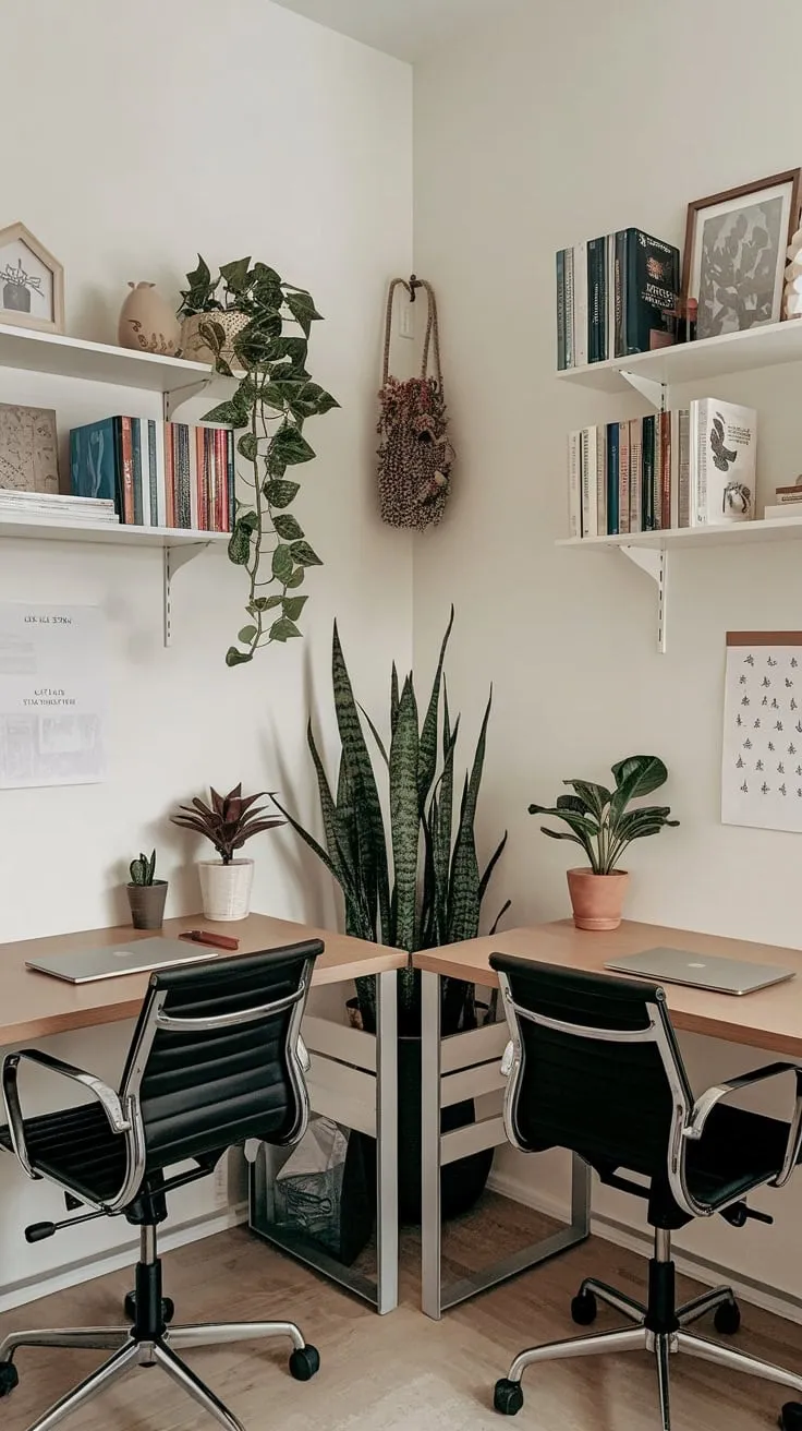 A shared home office boasts two individual workspaces, each complete with a desk, laptop, and personal touches, fostering collaboration in a stylish and organized environment