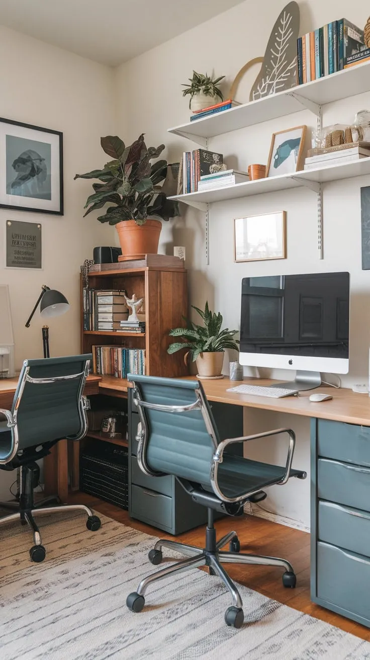 A cozy shared home office boasts ample workspace for two, complete with comfortable seating and inspiring decor.