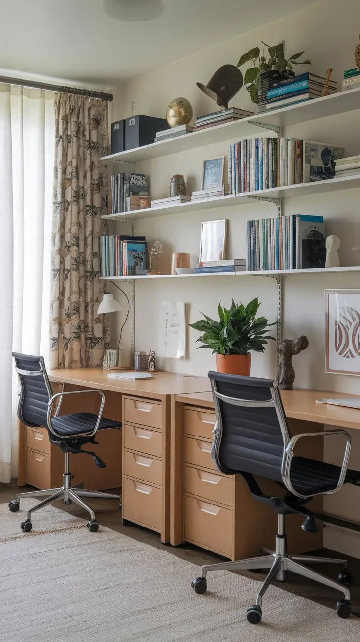 A shared home office boasts two parallel desks, a bookshelf, potted plant, and rug, creating a functional yet stylish workspace for two.