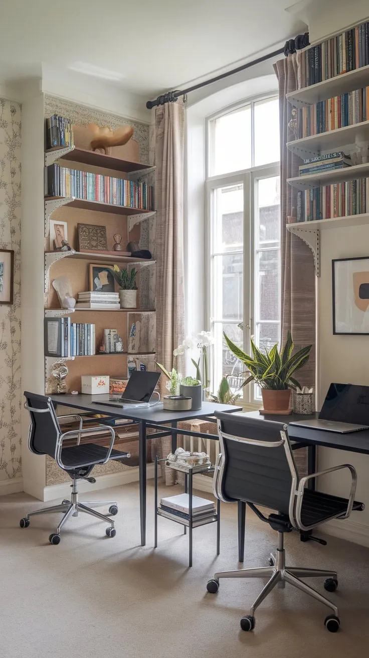 A stylish shared home office boasts two individual workspaces, complete with ample storage and natural light, creating a productive yet aesthetically pleasing environment for two.
