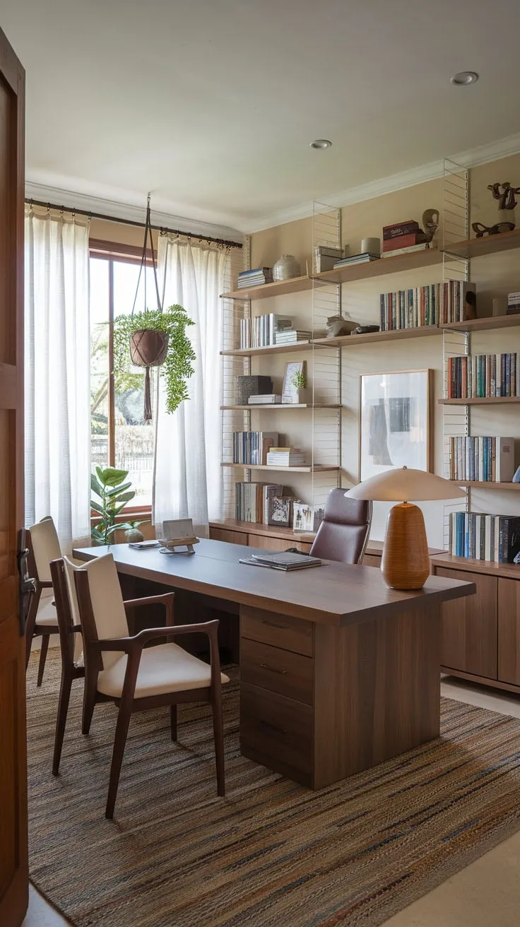 A shared home office boasts a large wooden desk, ample bookshelves, and a calming atmosphere perfect for two.