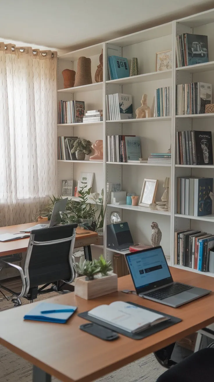 A shared home office boasts two individual workspaces, complete with personal touches and ample storage, creating a productive yet personalized environment