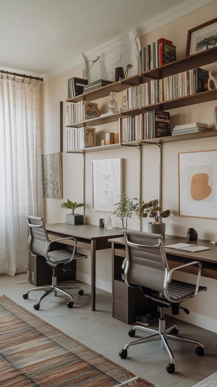 A shared home office thrives with two desks, a calming plant, and inspiring art creating a productive yet aesthetically pleasing workspace
