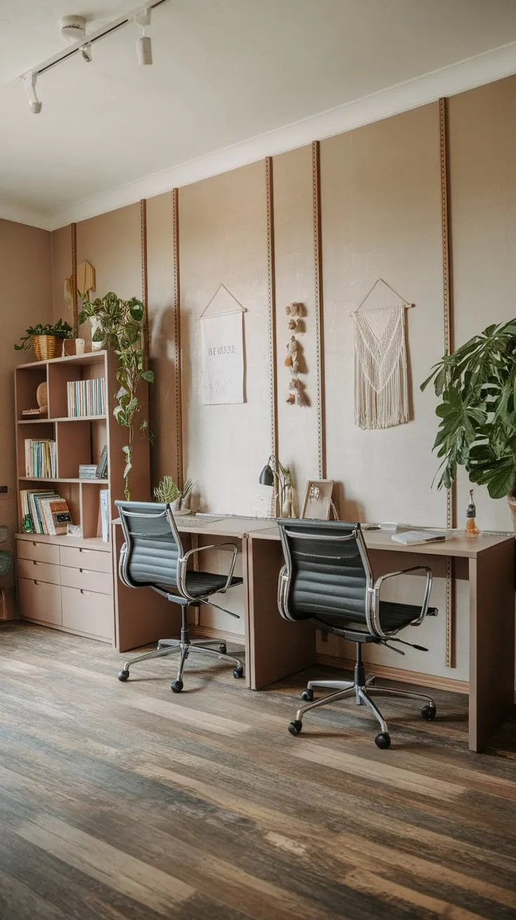 A shared home office boasts a dual-desk setup, flanked by a bookshelf and greenery, creating a functional yet aesthetically pleasing workspace