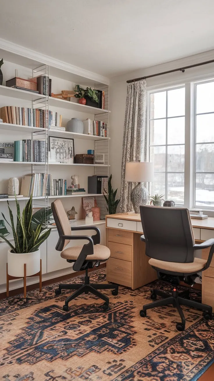 A shared home office boasts a dual-desk setup, a bookshelf, and a calming window view, perfect for collaborative work or individual focus