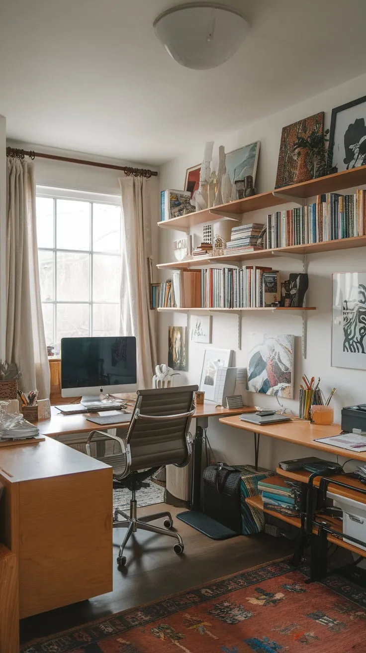 A cozy shared home office features a comfortable workspace for two, complete with personal touches and a welcoming atmosphere