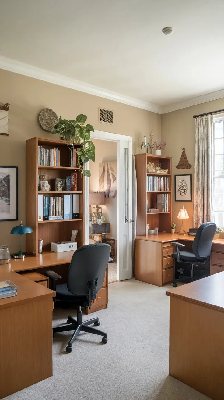 Two individuals share a functional and inviting home office space complete with individual work areas and shared amenities.